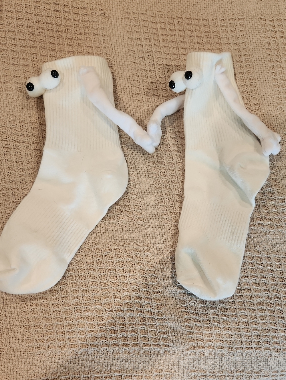 2 Pair Hand Made White/Black Crew Socks with Novelty Eye And Magnetic Hands